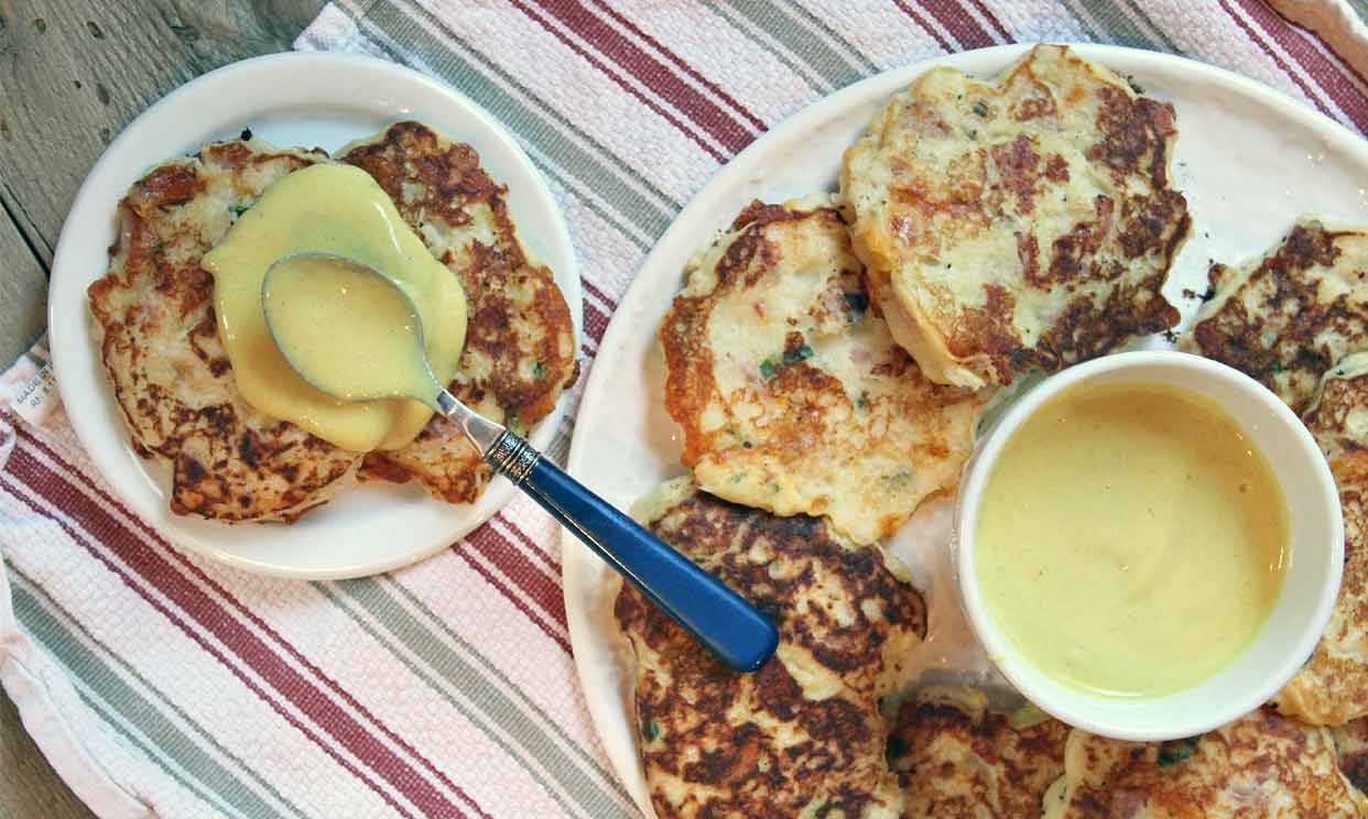 Ham and cheese potato pancakes served with honey mustard