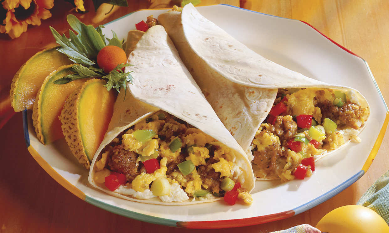 Two maple sausage breakfast burritos