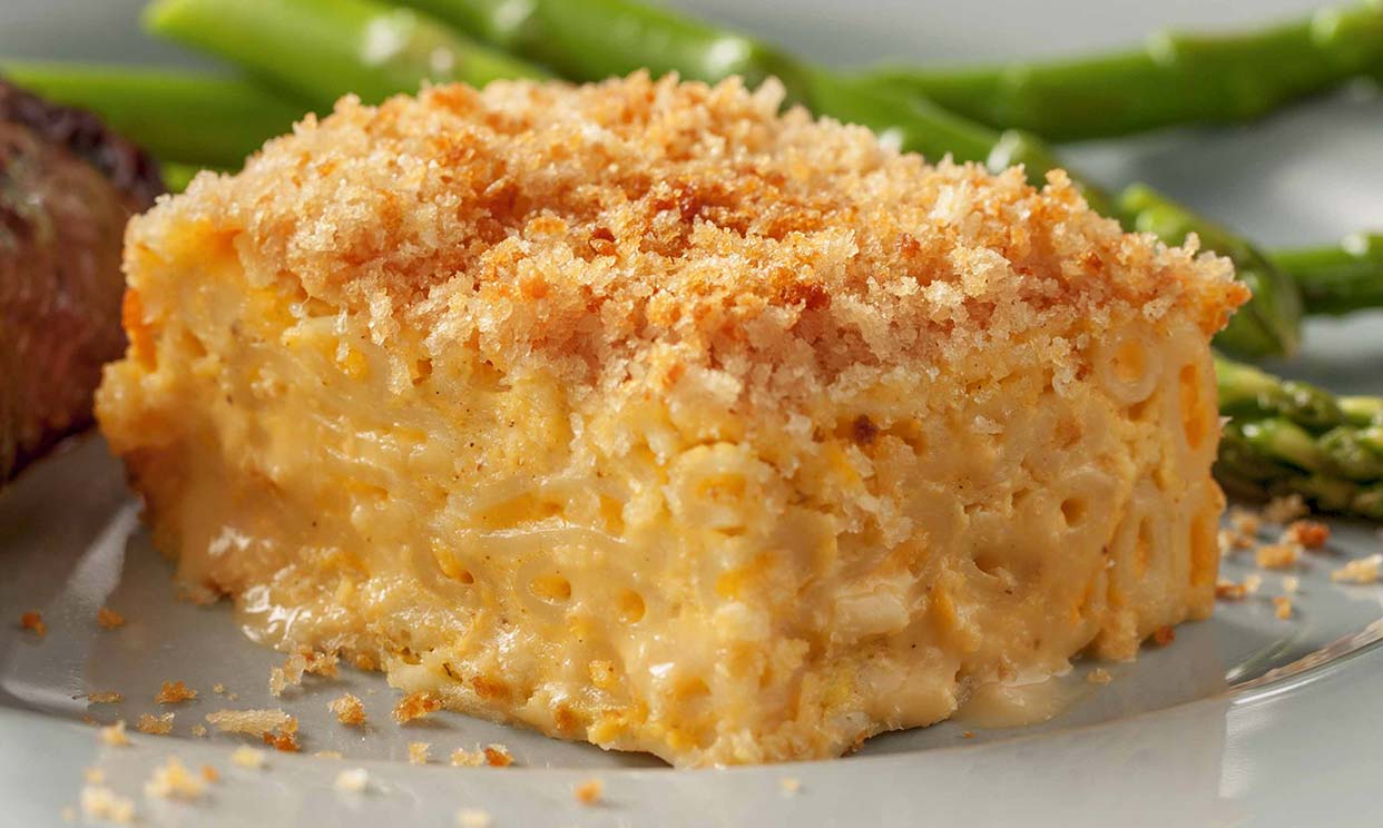 A square of mac and cheese gratin