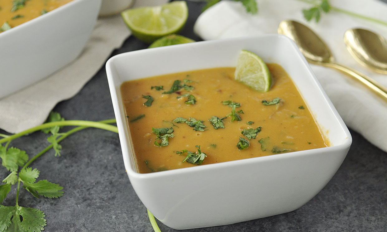 A bowl of mashed sweet potato soup