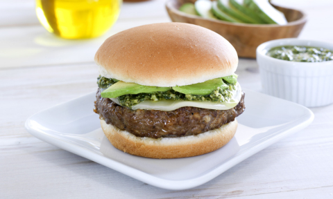 Pesto Avocado Pork Sausage and Beef Burger