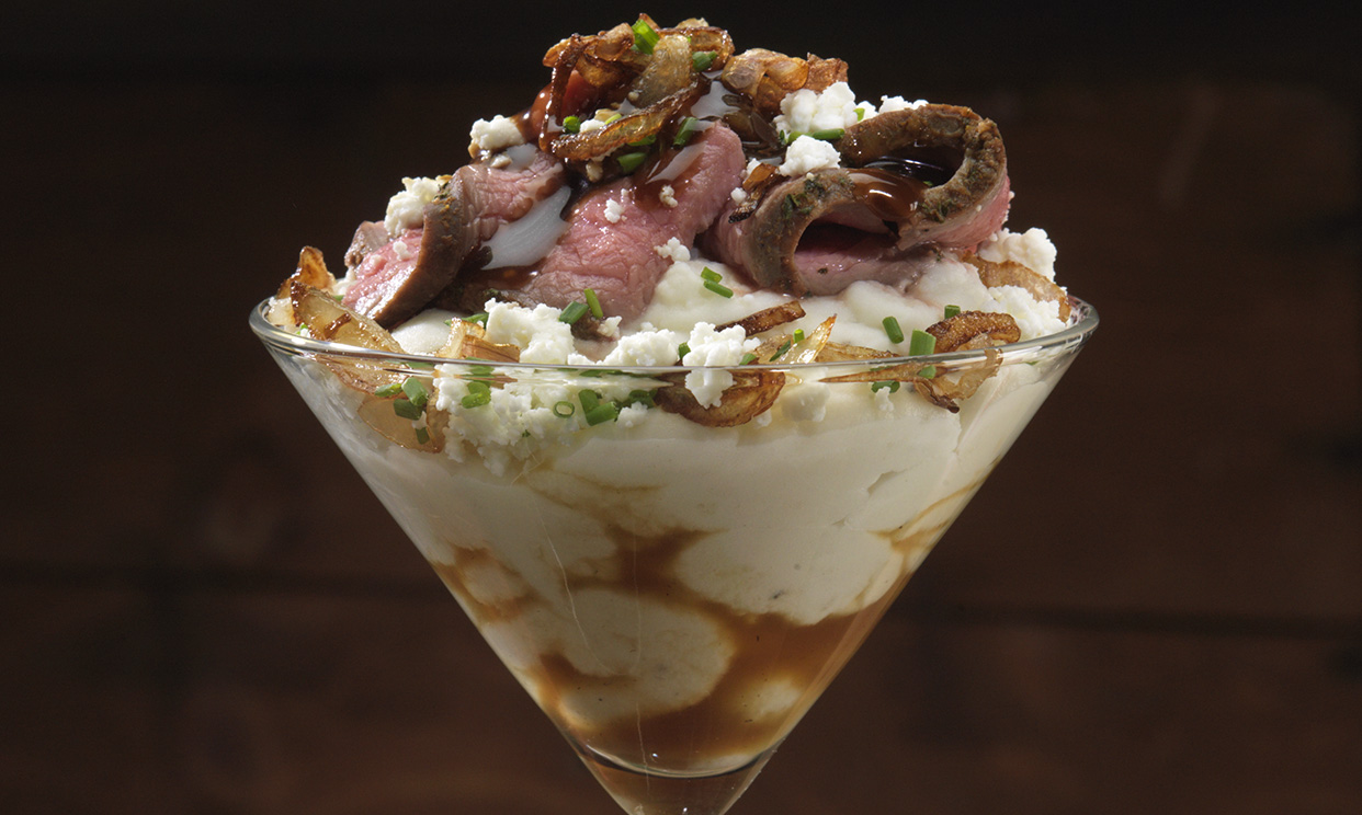 Roast beef and mashed potatoes in a martini glass