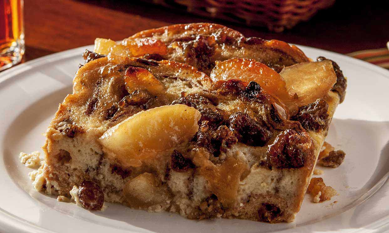 Baked french toast with sausage and glazed apples