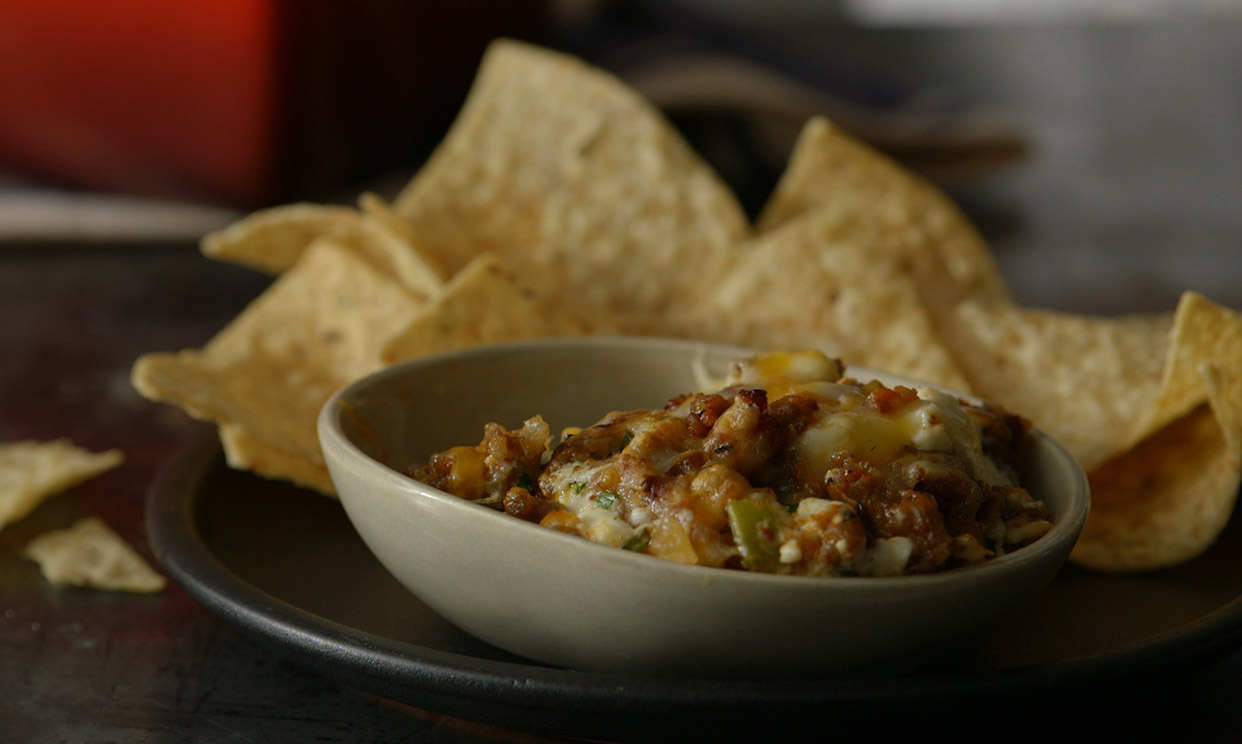 Spicy Buffalo sausage dip with tortilla chips