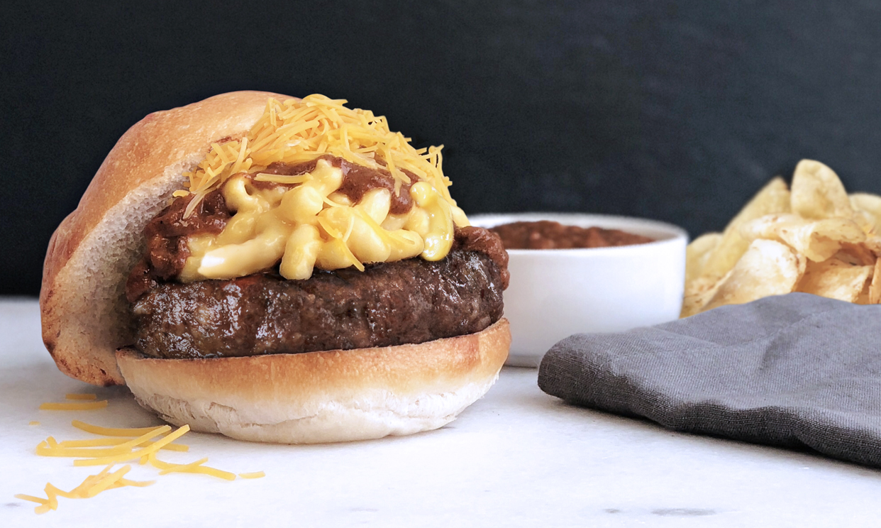 Cincinnati inspired macaroni and cheese burger