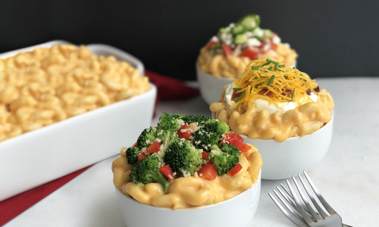 Veggie mac, loaded mac and Mexican mac