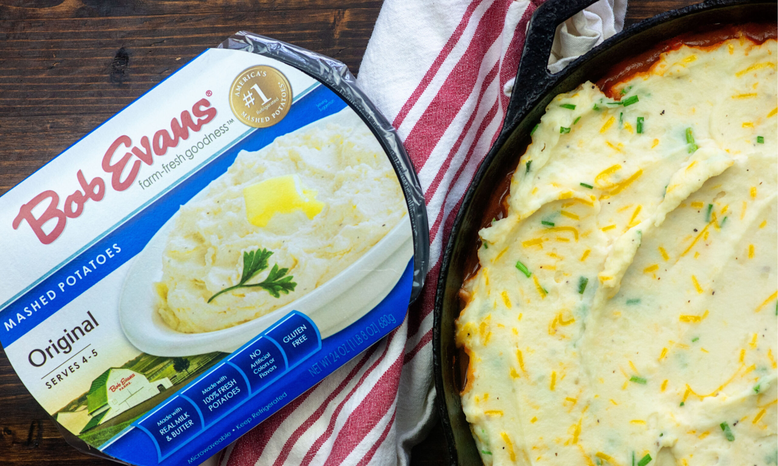 Sloppy joe shepherd's pie next to a package of Bob Evans Original Mashed Potatoes