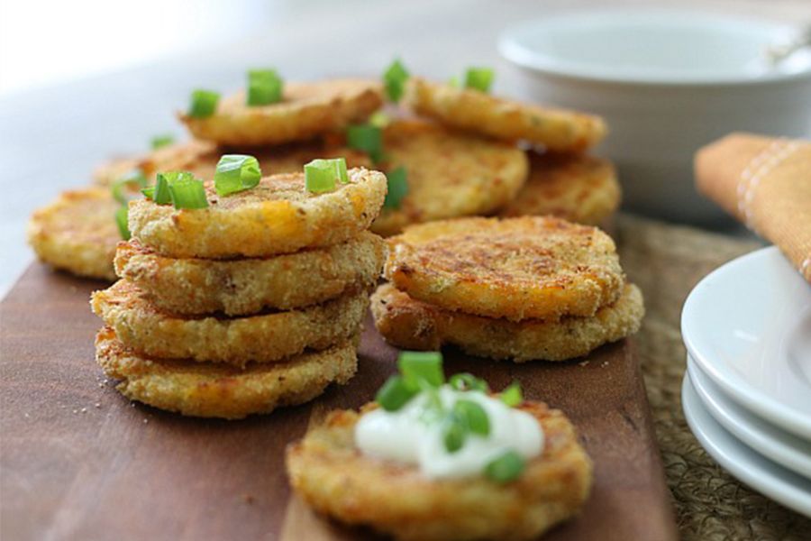 Stacks of loaded mashed potato patties