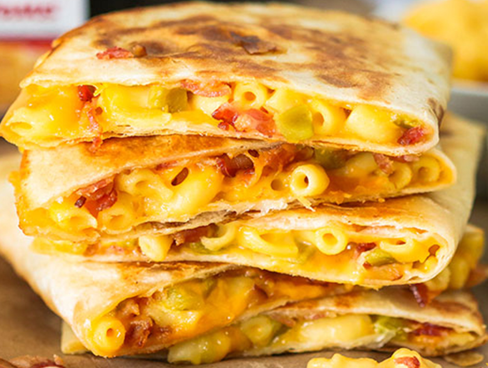 A stack of mac and cheese quesadillas