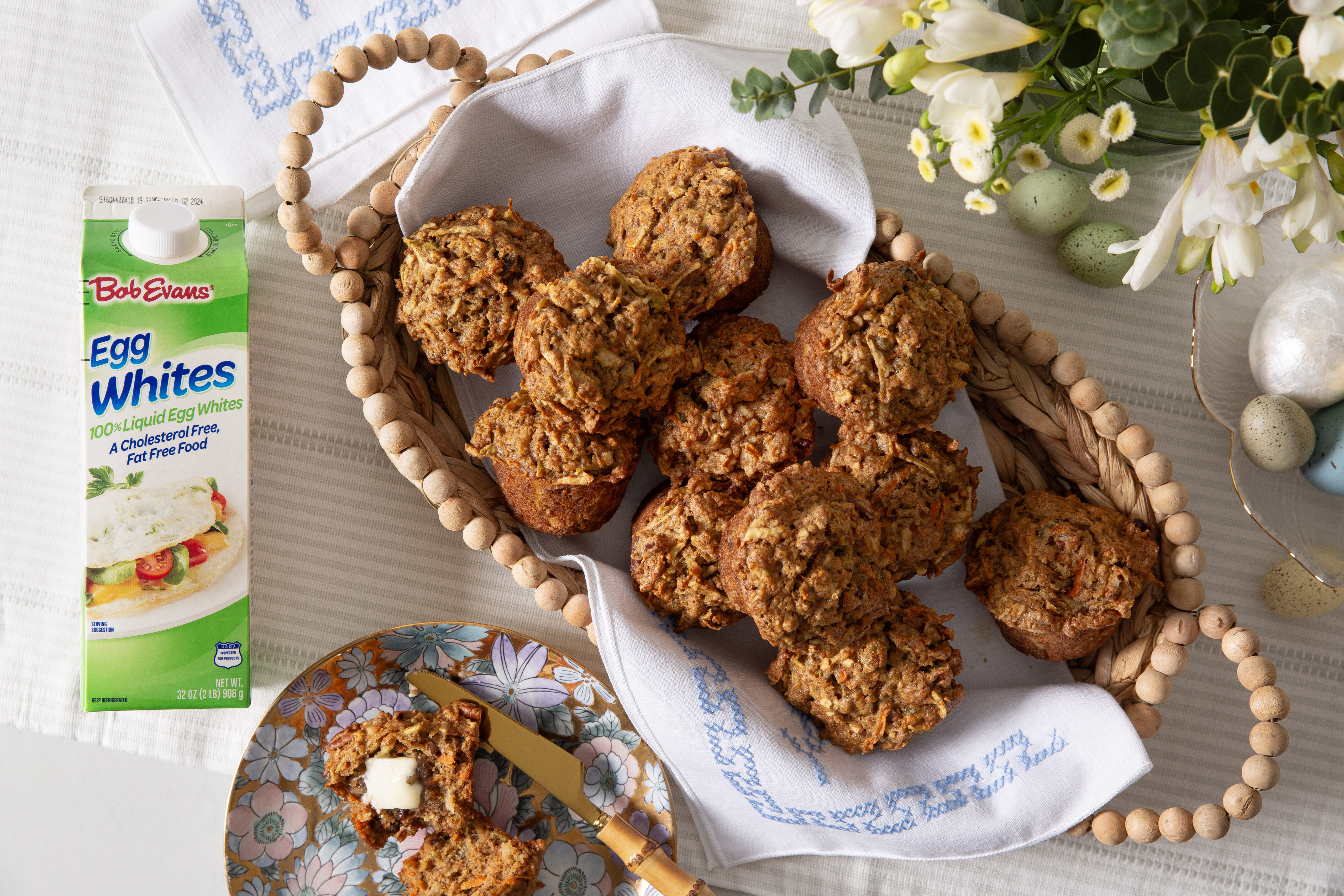 morning glory muffins in a basket next to a carton of Bob Evans Liquid Egg Whites