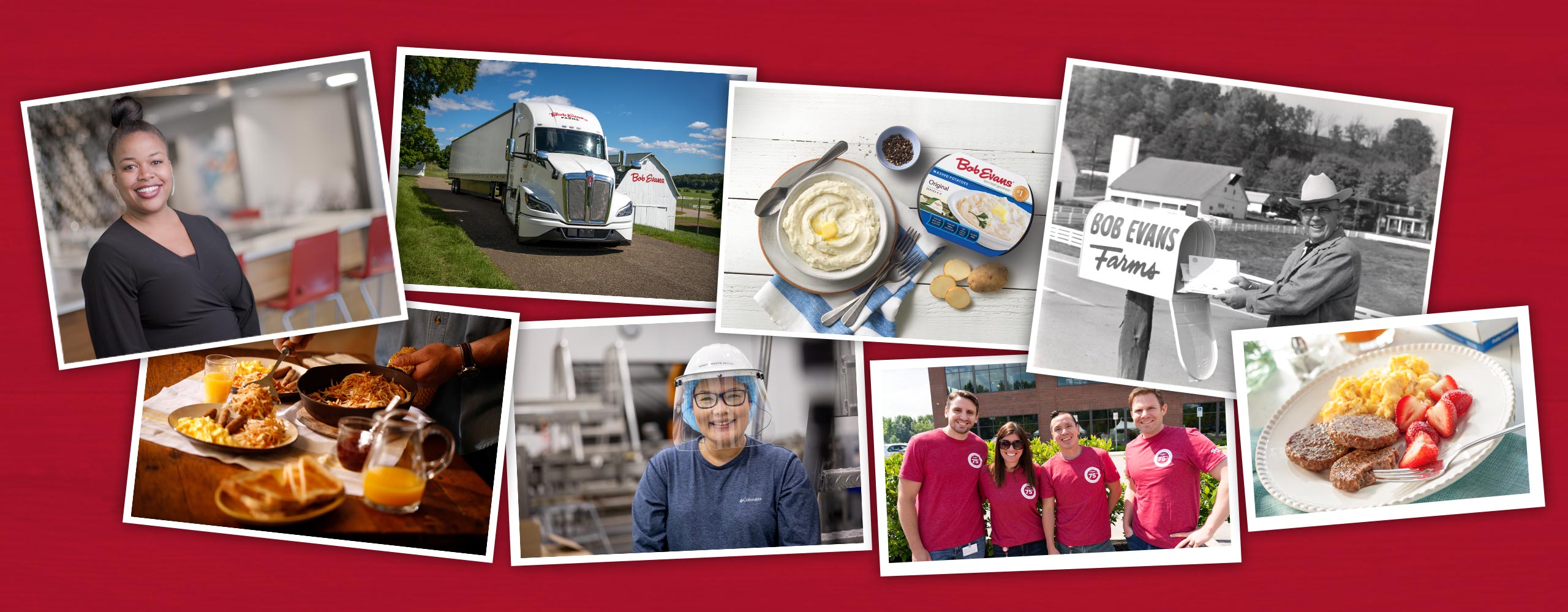 About Bob Evans - Photo of team members, meals made with Bob Evans Farms products, and a Bob Evans truck