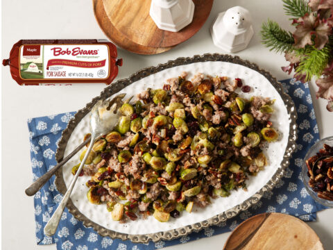 Roasted Brussels Sprouts with Maple Sausage and Cranberries