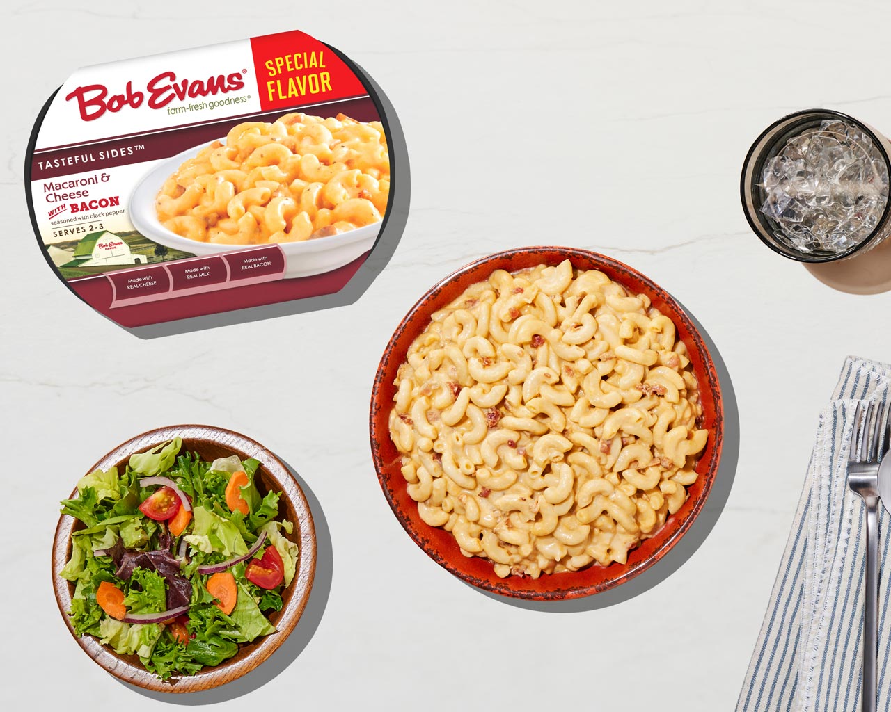 Photo of Bob Evans Macaroni and Cheese with Bacon product packaging and served in a bowl