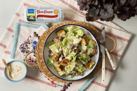 Warm Sausage Caesar with Garlic Croutons